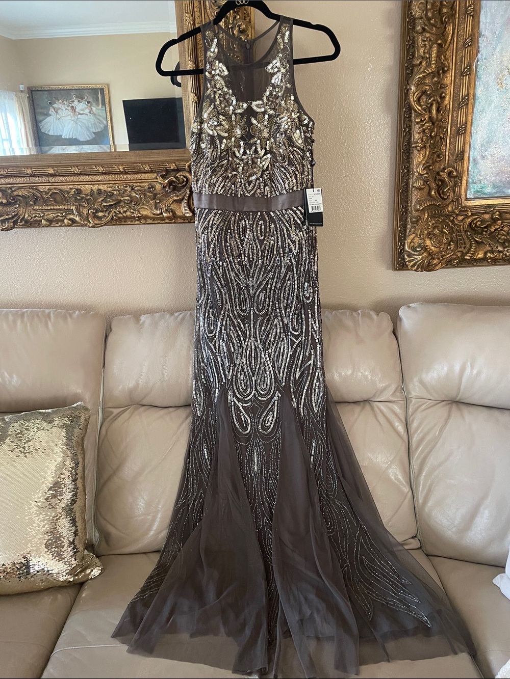 Adrianna Papell Brown Gold  Silver Beaded Evening Gown Sequins